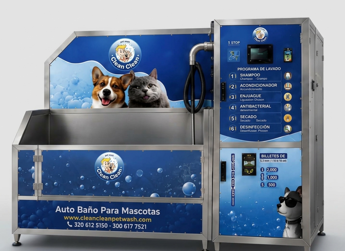 Cabina de autolavado Clean Clean Pet Wash modelo PWM-BC-1000 con tina de acero inoxidable y panel de ciclos de lavado